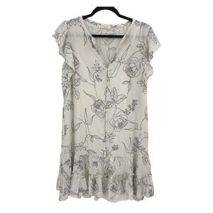 Cottagecore Romantic Ruffle Mini Dress M Gray Floral Button Front Boho Soft Girl